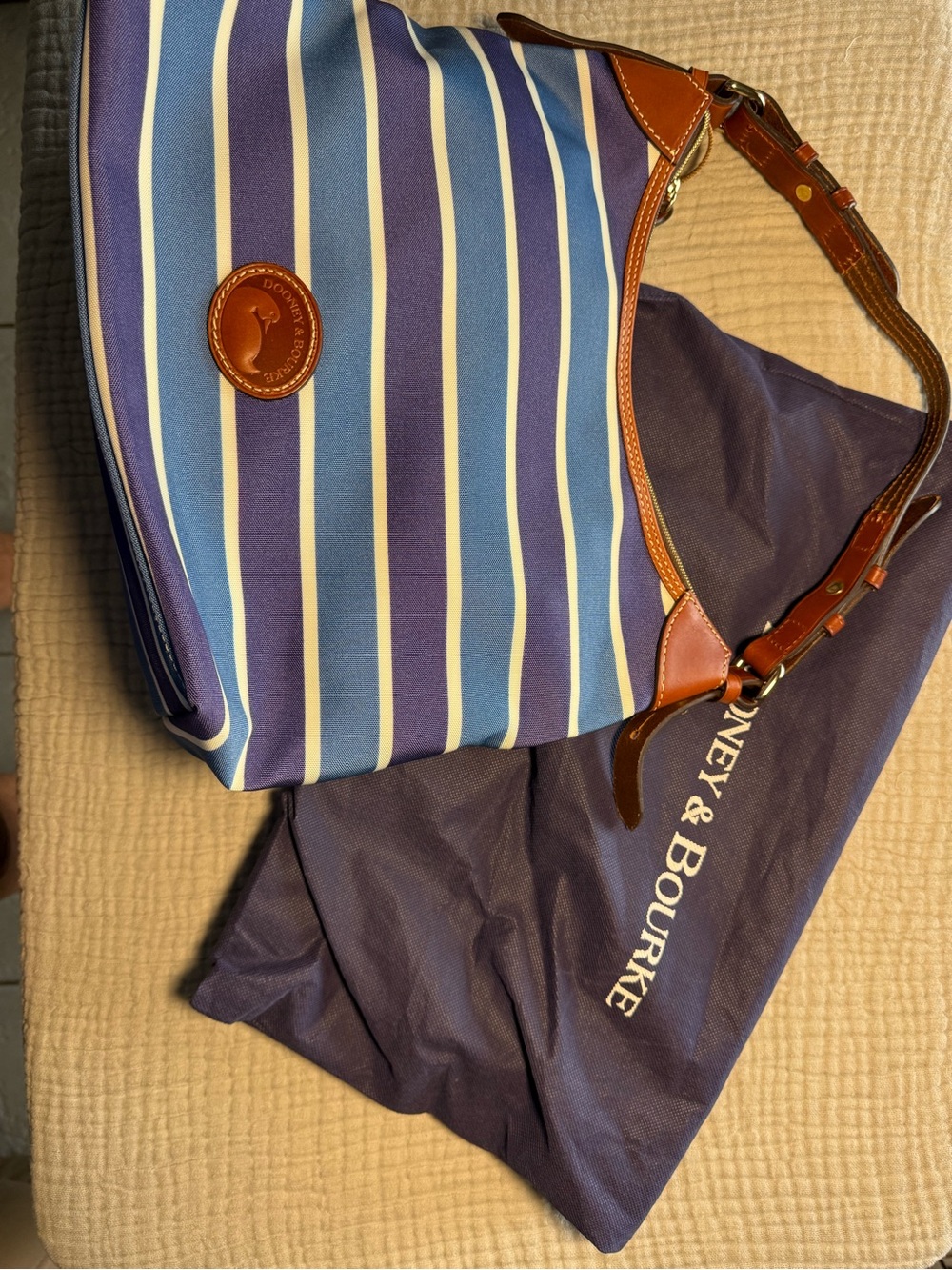 Dooney & Bourke Blue and White Striped Hobo with Brown Leather Trim